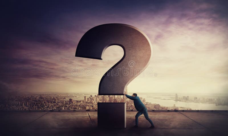 Puzzled businessman on the rooftop pushing a huge interrogation mark. Business questions concept, man in search of answer over