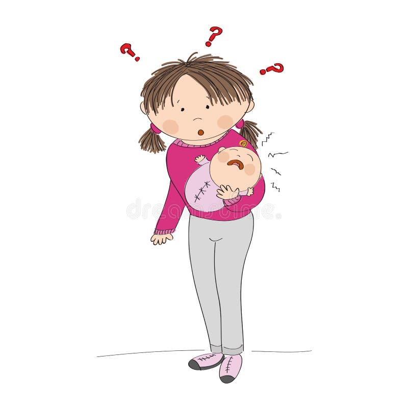 Puzzled young mother holding her crying baby girl. What to do