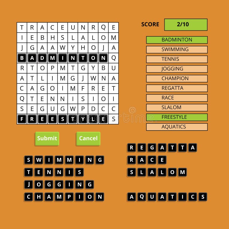 Puzzling words game user interface. Vector UI stock illustration Puzzling words game user interface. Vector UI stock illustration