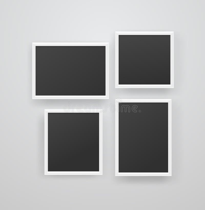Puści biali photoframes z czarnym pustym tłem na ścianie ilustracja wektor Puści biali photoframes z czarnym pustym tłem na ścianie ilustracja wektor