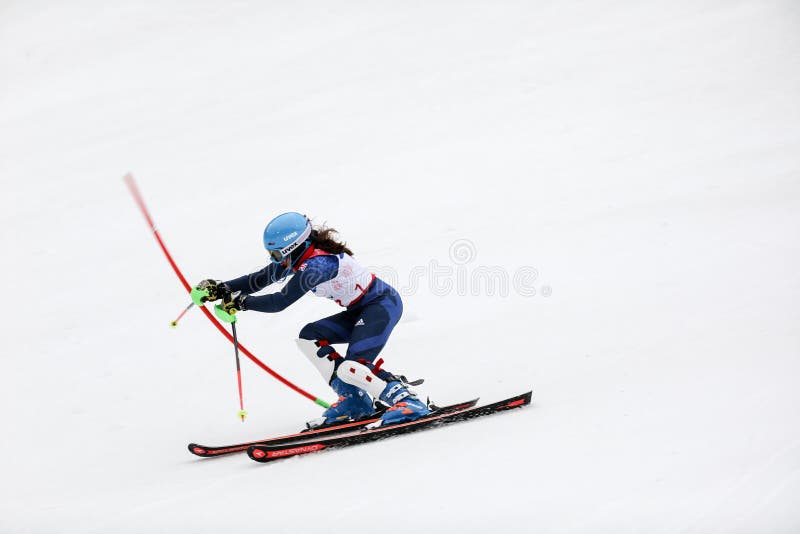 PyeongChang 2018 18 de marzo Funcionamiento 1 del eslalom del ` s de las mujeres Equipo GB - FI foto de archivo PyeongChang 2018 18 de marzo Funcionamiento 1 del eslalom del ` s de las mujeres Equipo GB - FI foto de archivo