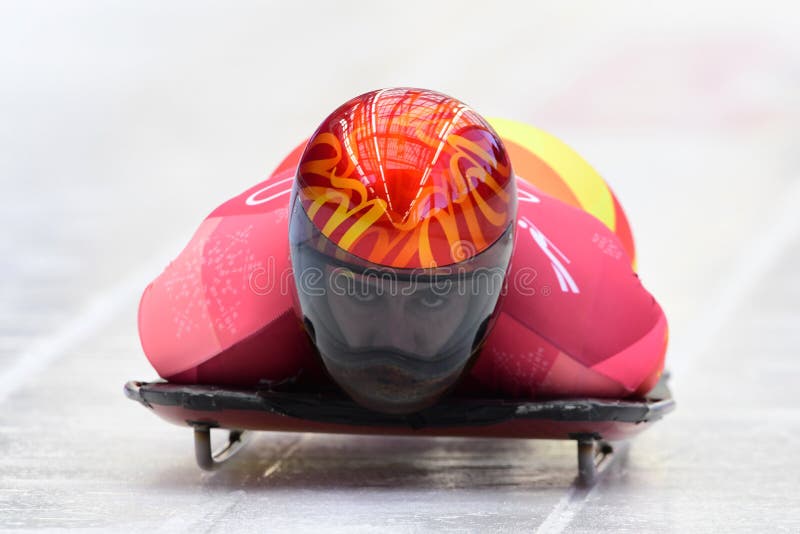 PYEONGCHANG, SOUTH KOREA - FEBRUARY 14, 2018: Ander Mirambell of Spain competes in the Skeleton Men Official Training Heat at the 2018 Winter Olympics in PyeongChang, South Korea