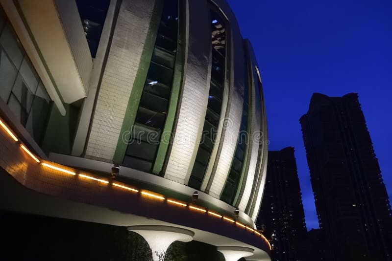 Pyongyang, North Korea. April 29, 2019: View on the skyscrapers in the new residential complex in the street Ryomyong at night royalty free stock photography Pyongyang, North Korea. April 29, 2019: View on the skyscrapers in the new residential complex in the street Ryomyong at night royalty free stock photography