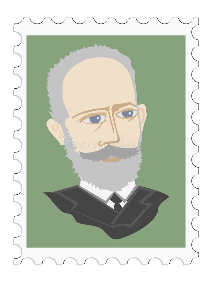 Pyotr Tchaikovsky famous Russian composer, author ballets Swan Lake, Nutcracker, Sleeping Beauty. Vector, coloured portrait on stamp. Famous people series