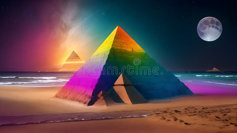 Pyramid on the beach at night. 3d rendering. Computer digital drawing stock photo
