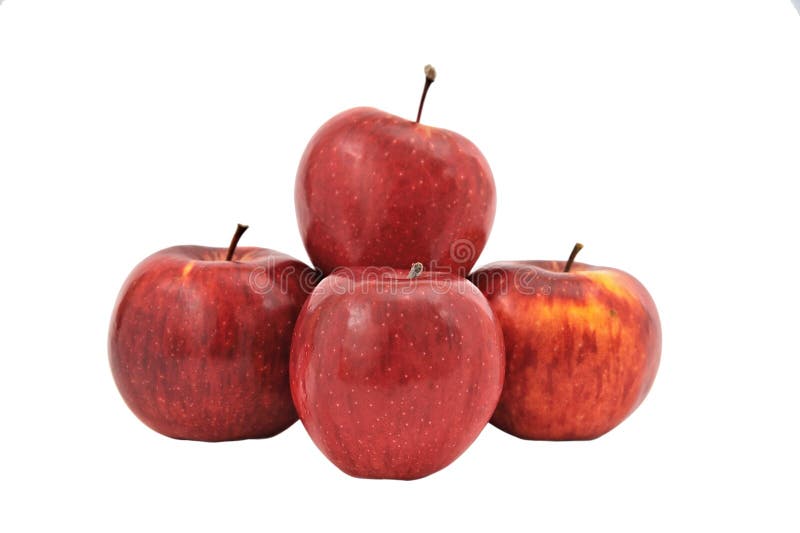 Pyramid of four red apples isolated on white background