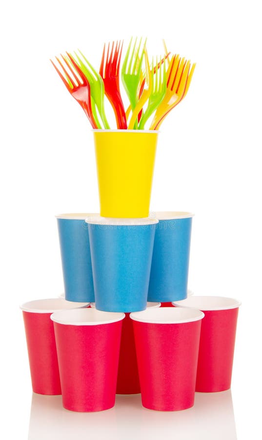 Pyramid From Multicolored Disposable Cups And Plastic Forks Isolated.. Stock Image Image of