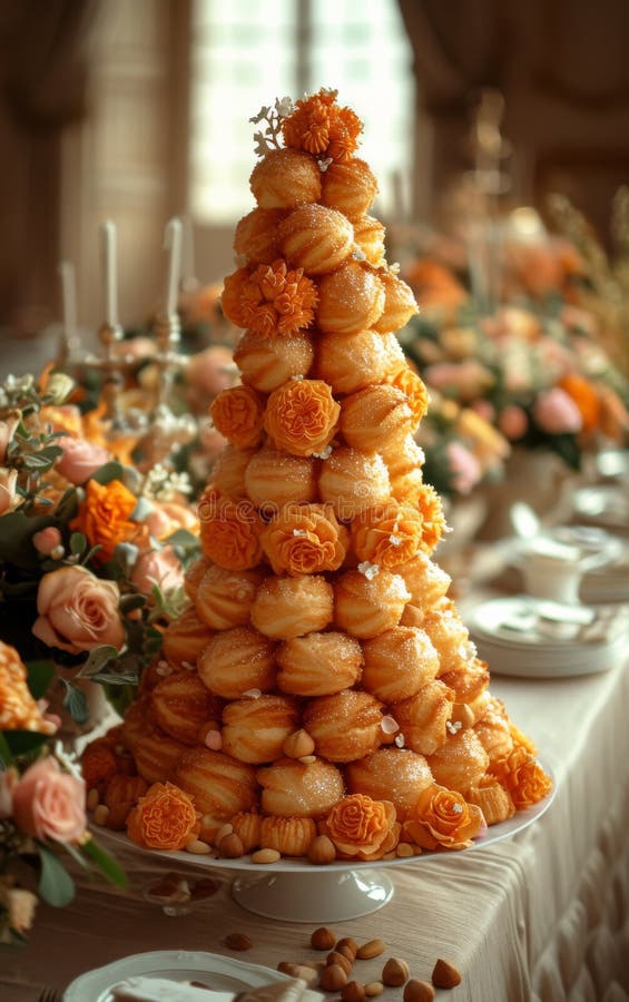 Pyramid of profiteroles with orange flowers on festive table. The cake Croquembouche has pine nuts on a long table