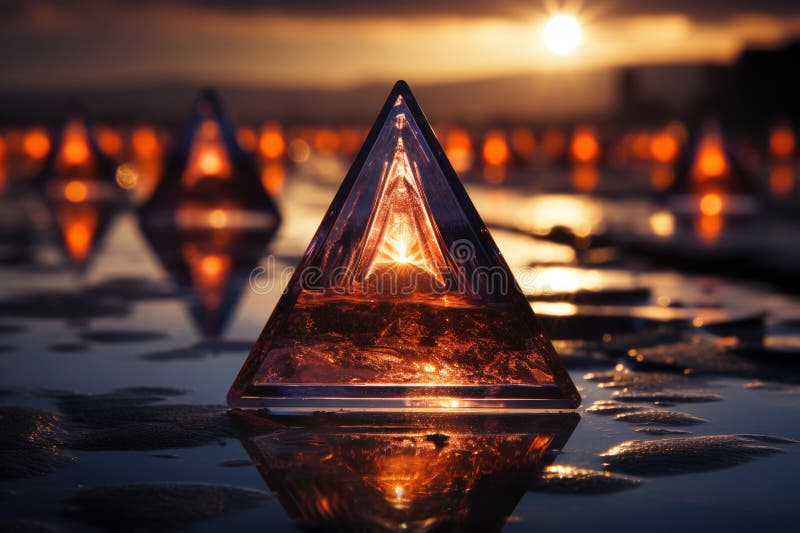 A pyramid shaped object with reflection. Surreal symbolic technological landscape. vector illustration