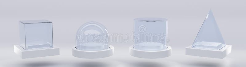 Glass cube box, pyramid, cylinder, sphere or dome on white stand isolated on grey background. Mockup empty clear showcases of plexiglass or acrylic for display on plastic podium, Realistic 3d set. Glass cube box, pyramid, cylinder, sphere or dome on white stand isolated on grey background. Mockup empty clear showcases of plexiglass or acrylic for display on plastic podium, Realistic 3d set