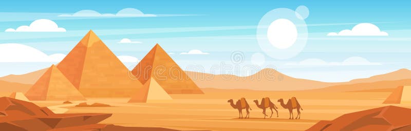 Pyramider i platta vektorpanoramabilder i öknen. egyptiskt landskap vid dagtid-teckningsbakgrund. kamelkaravan vektor illustrationer