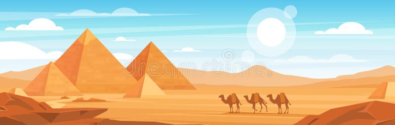 Pyramids in desert flat vector panoramic illustration. Egyptian landscape at daytime cartoon background. Camels caravan