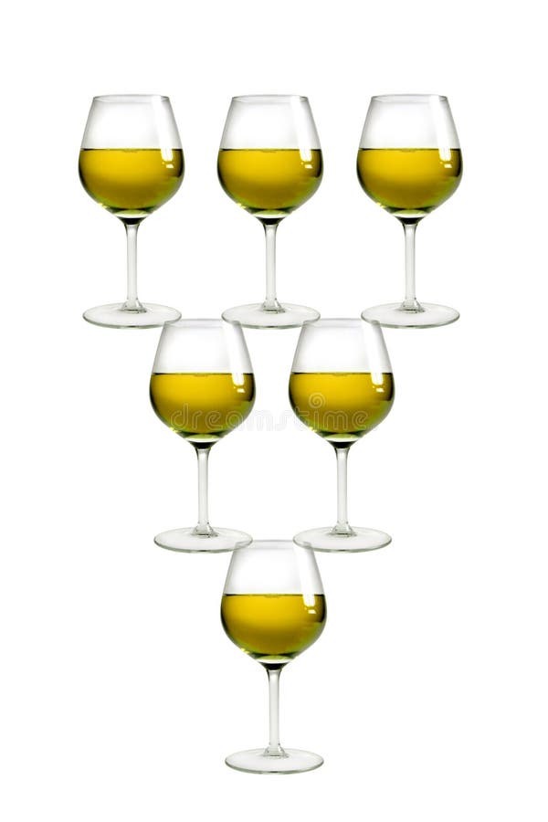 Up-down pyramid of goblets with white wine on neutral background. Up-down pyramid of goblets with white wine on neutral background