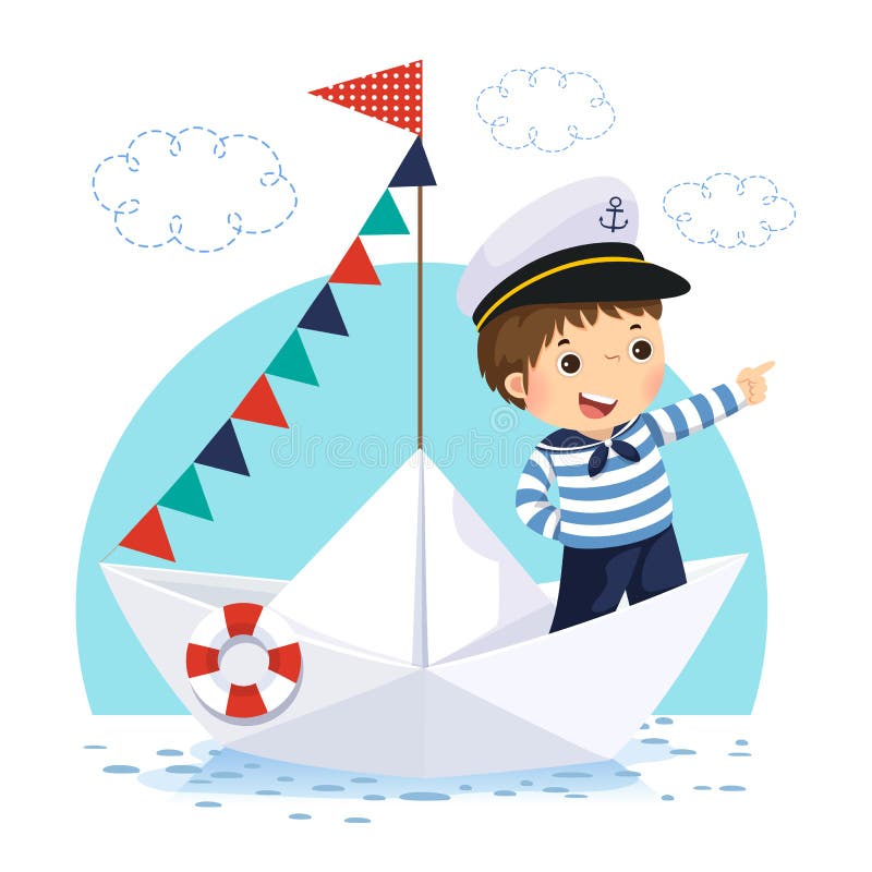 Pys i sjömandräktanseende i ett pappers- fartyg royaltyfri illustrationer