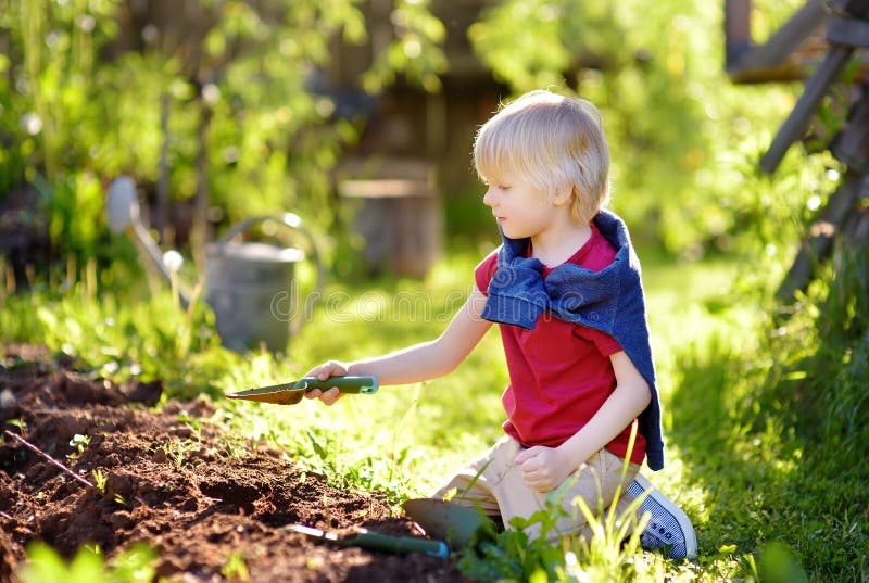 Pyspik som skyfflar i tr?dg?rd p? den soliga dagen f?r sommar Liten hj?lpreda f?r mamma royaltyfri fotografi Pyspik som skyfflar i tr?dg?rd p? den soliga dagen f?r sommar Liten hj?lpreda f?r mamma royaltyfri fotografi