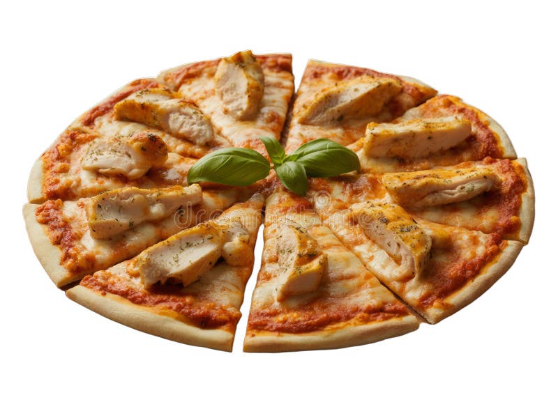 Pyszna pizza kurczaka kroi świeżą bazylię fotografia stock