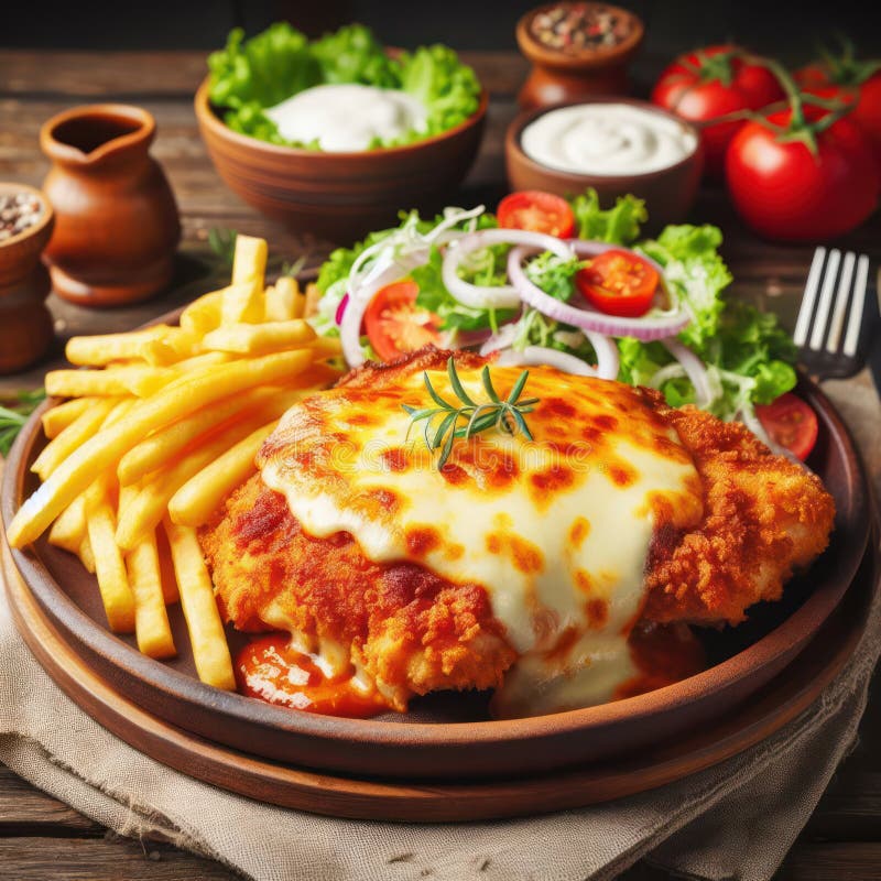 Pyszne kurczaki parmigiana z frytek i sałatki zdjęcie royalty free