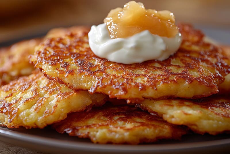 Pyszne latkes goldenbrown hanukkah z sosem jabłkowym i kwaśną śmietaną ndash idealny wypoczynek komfort jedzenia ilustracja wektor