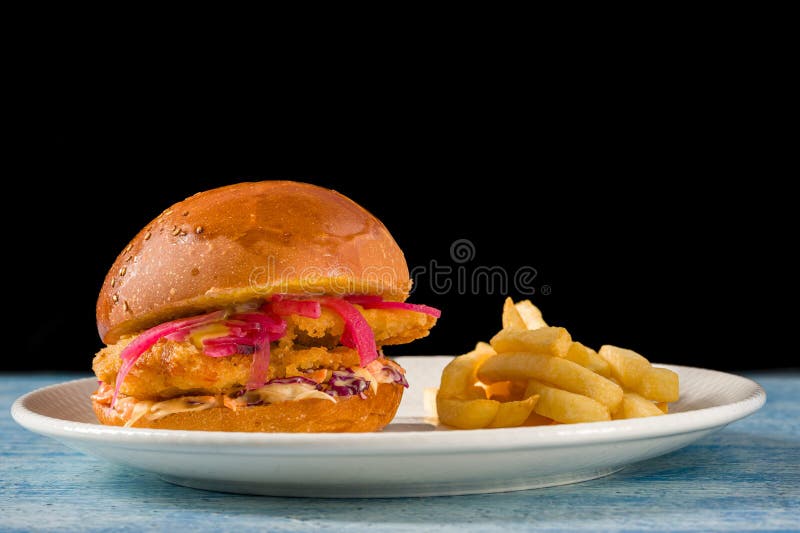 Pyszny burger kurczaka z frytki na białej porcelanowej płytce fotografia royalty free