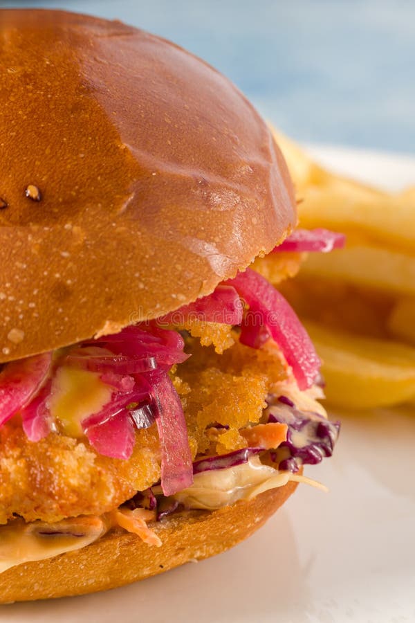 Pyszny burger kurczaka z frytki na białej porcelanowej płytce zdjęcia stock