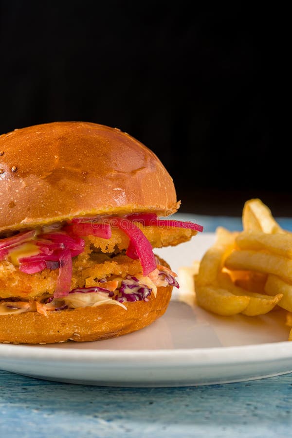 Pyszny burger kurczaka z frytki na białej porcelanowej płytce fotografia stock
