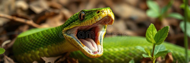πράσινο δέντρο python εμφανίζει ανοιχτό στόμα ενώ βρίσκεται στο δάπεδο του δάσους περιτριγυρισμένος από φύλλα στοκ εικόνες με δικαίωμα ελεύθερης χρήσης