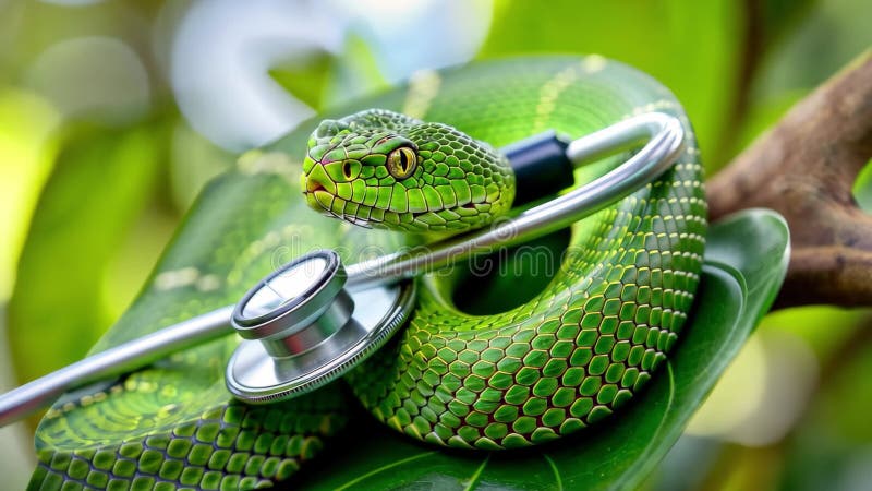 Ένα ζωντανό πράσινο δέντρο python τυλίγεται γύρω από ένα στηθοσκόπιο που βρίσκεται σε ένα μεγάλο φύλλο διανυσματική απεικόνιση