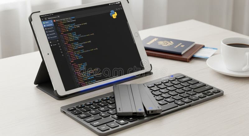 展示一张显示 Python 代码的平板电脑，表明正在编程 皇族释放例证