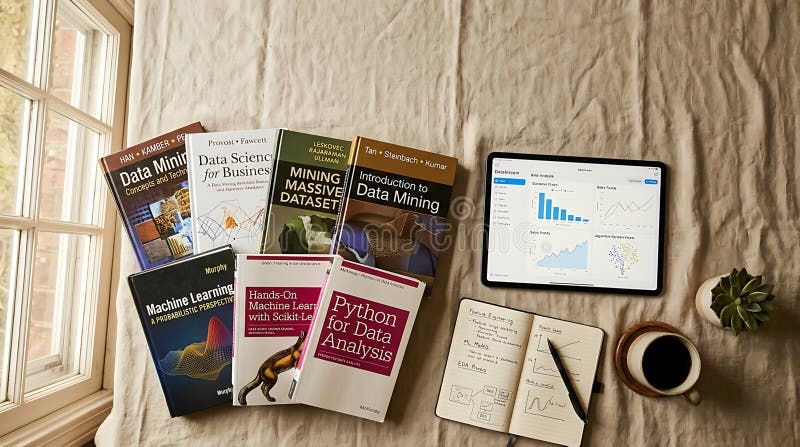数据科学和 Python 书籍，搭配平板电脑和咖啡，置于有纹理的表面上 向量例证