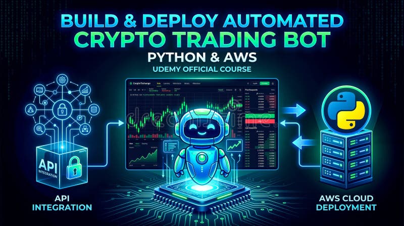 Баннер бота для автоматизированной торговли криптовалютой с иконками Python и архитектуры облачного развертывания стоковая фотография