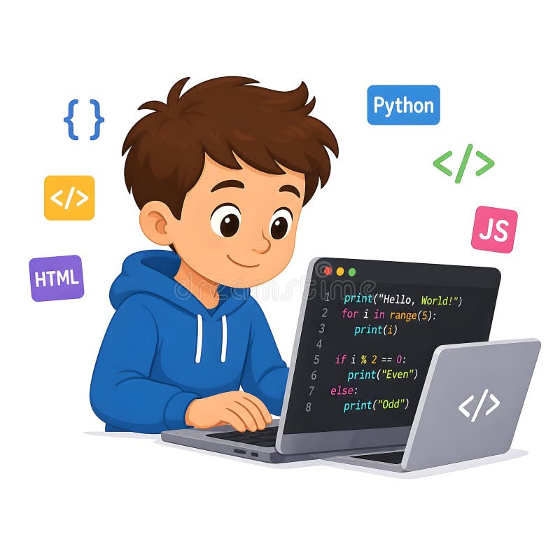 年轻学生在笔记本电脑上编写 Python 代码的矢量插图 向量例证