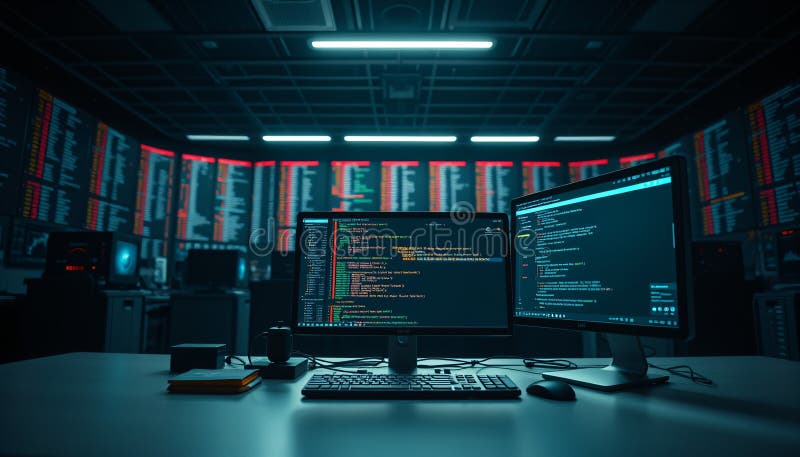 Ευρεία άποψη μιας εταιρικής εγκατάστασης τερματικού κωδικοποίησης Python σε έναν παγκόσμιο κόμβο δεδομένων αγοράς υπό αμυδρό, ακρι διανυσματική απεικόνιση