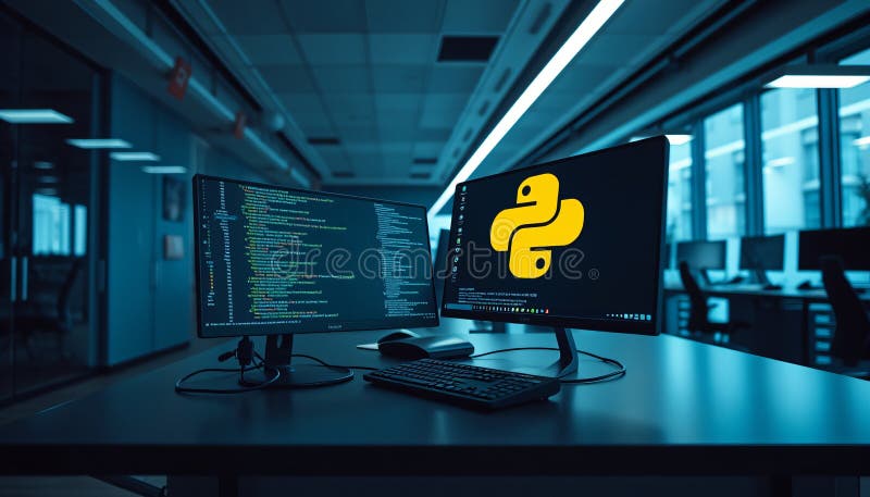 Вид сверху на стильное рабочее место с терминалом для программирования на Python в современном корпоративном офисе с четким освеще иллюстрация штока