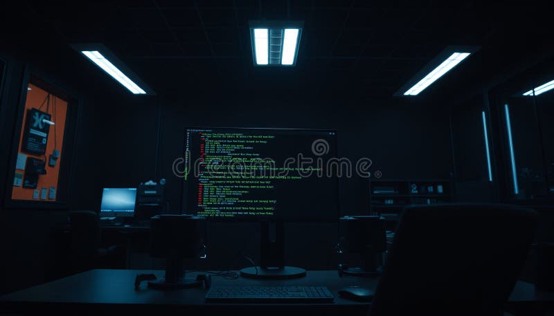 在光线明亮的现代办公照明下，暗色高科技房间内精致的 Python 编程终端设置的斜角镜头 皇族释放例证