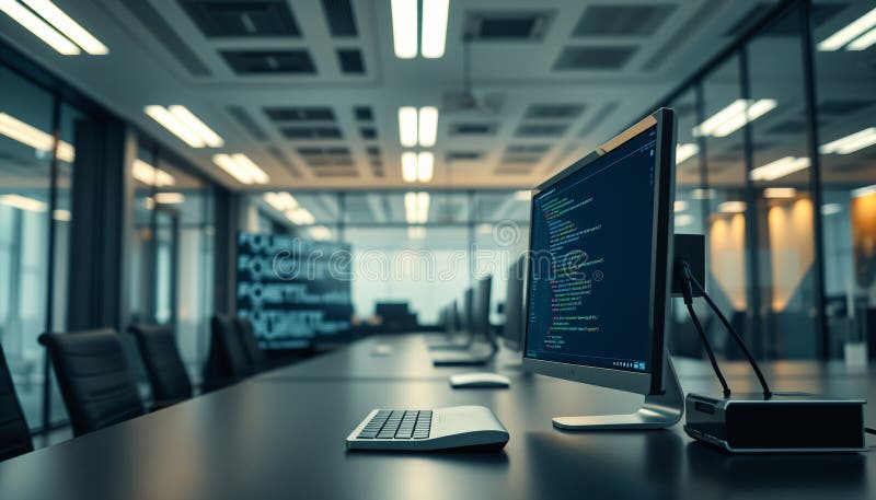 Детальный вид точной настройки терминала для программирования на Python в стильном корпоративном офисе с четким современным освеще бесплатная иллюстрация