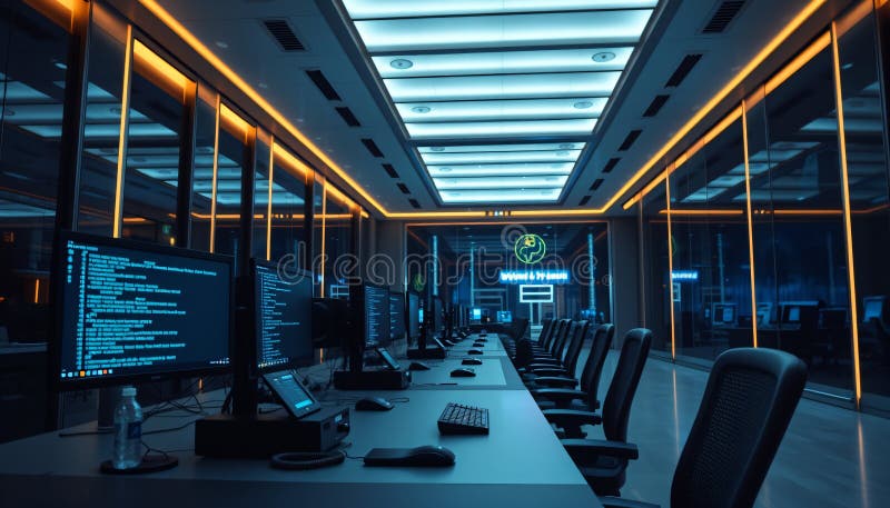 Вид под углом на корпоративный терминал для кодирования на Python в современном банковском центре с светящимся кодом Python на экр иллюстрация штока