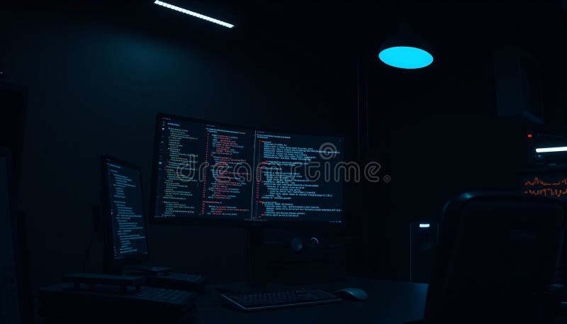 Ракурсный снимок продвинутой настройки терминала для программирования на Python в темной высокотехнологичной комнате с отображение иллюстрация вектора