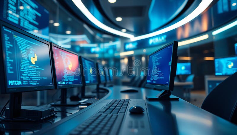 Крупный план точной настройки терминала для программирования на Python в стильном банковском центре, освещенном холодными отблеска иллюстрация вектора