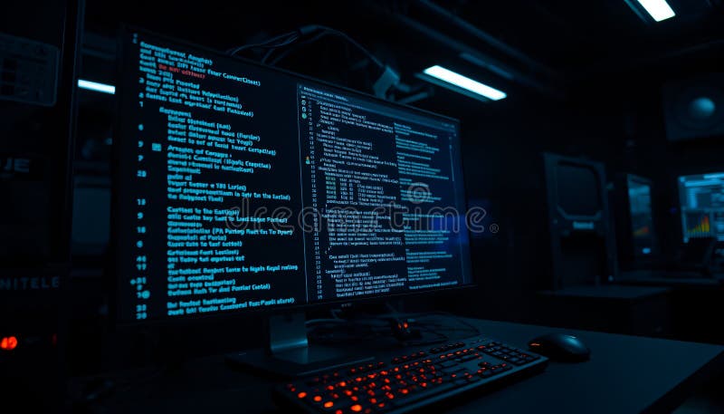 Крупный план точной настройки терминала для программирования на Python в темной высокотехнологичной комнате с активными данными AP иллюстрация вектора