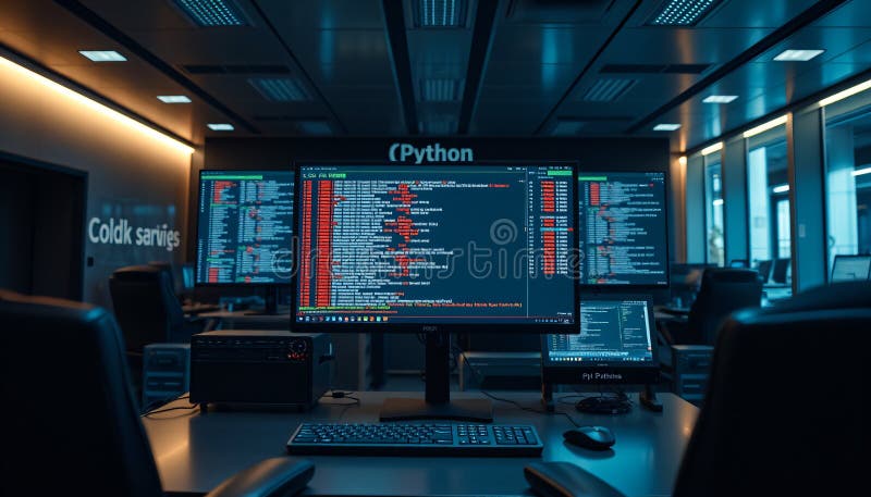 Πρόσωπο πλάνο μιας ακριβούς ρύθμισης τερματικού προγραμματισμού Python σε ένα κομψό τραπεζικό κέντρο που εμφανίζει ενεργά δεδομένα διανυσματική απεικόνιση