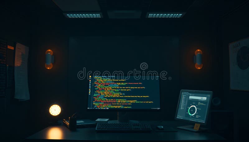 在昏暗精准的氛围灯照射下，一个先进的 Python 编程终端设置在黑暗的高科技房间内的正面镜头 向量例证