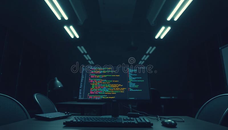 Детальный вид точной настройки терминала для программирования на Python в темной высокотехнологичной комнате с четким современным бесплатная иллюстрация