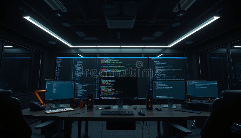在光线明亮现代的办公照明下，暗色高科技房间内最尖端的 Python 编程终端配置全景视图 皇族释放例证