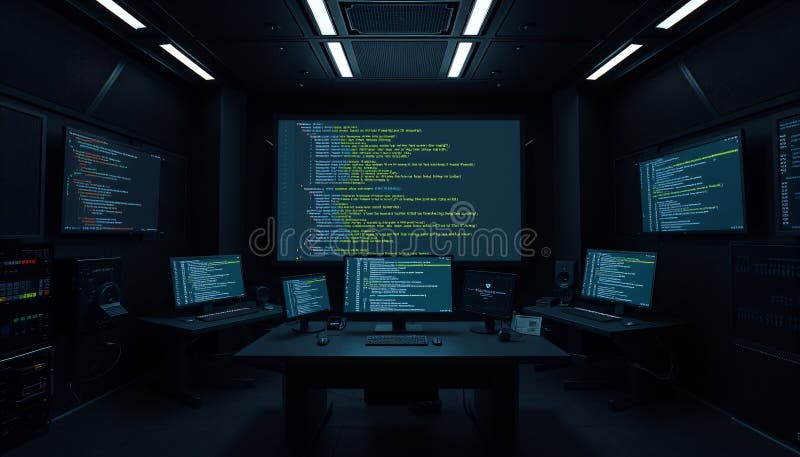 Широкий план точной настройки терминала для программирования на Python в темной высокотехнологичной комнате с отображением активны бесплатная иллюстрация