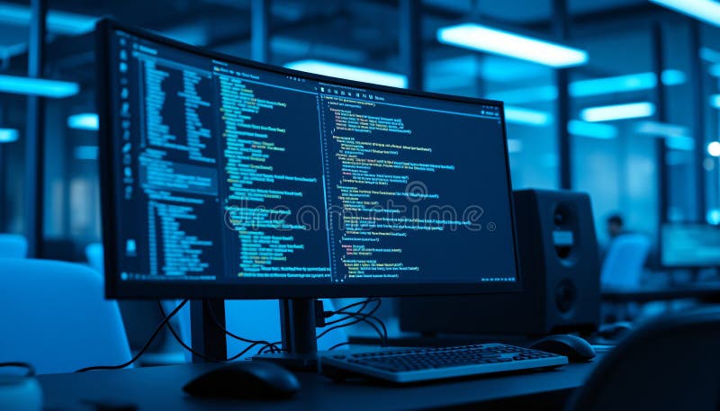 Съемка под углом: современное рабочее место программиста на Python в стильном корпоративном офисе, залитом холодным синим светом м иллюстрация штока