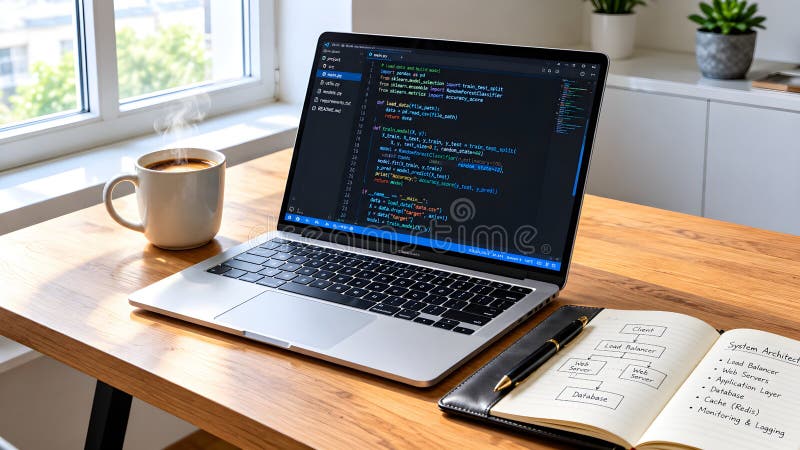 木质工作台上的 Python 代码笔记本电脑和咖啡 向量例证