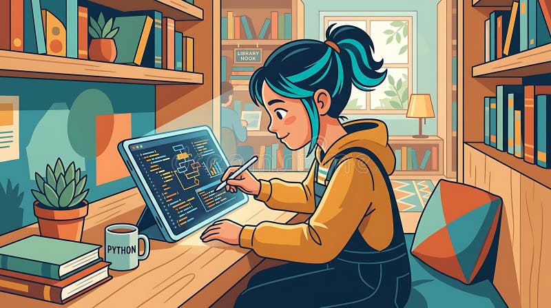 年轻的程序员在舒适的图书馆角落学习Python 向量例证