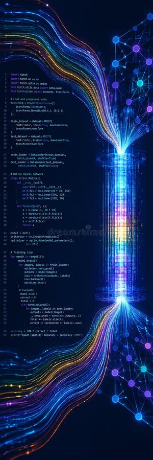 Python-код нейронной сети с красочными абстрактными цифровыми линиями, соединяющими узлы в футуристическом стиле иллюстрация вектора