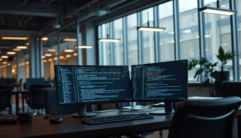 视角拍摄的现代化公司办公室内的 Python 编程终端设置，显示着活跃的 API 终端数据 向量例证
