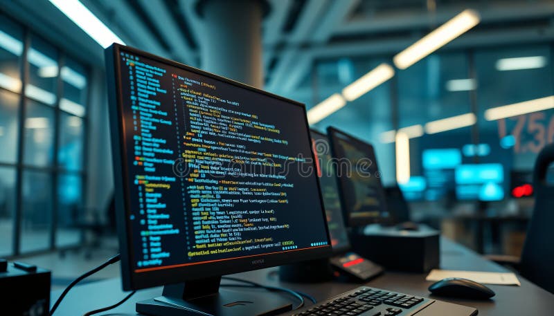 Крупный план футуристической настройки терминала для кодирования на Python в современном офисе, отображающего активные данные API- бесплатная иллюстрация